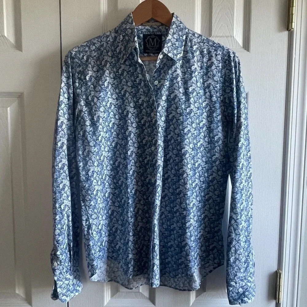 100% Cotton Made in USA Blue Floral Button Down Size Medium, Mettlers
